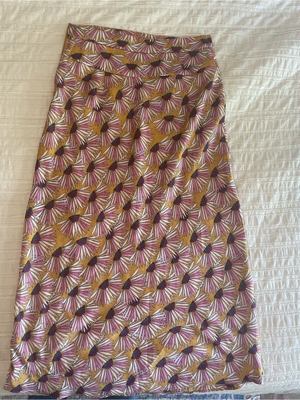 Free People Mustard Floral Midi Skirt with Pink & Black Accents